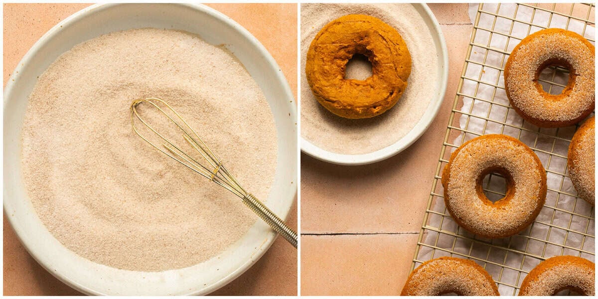 Step 5 for prepping baked pumpkin donuts.