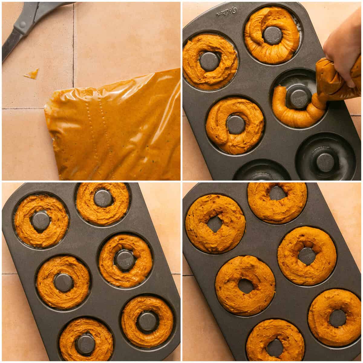 Steps 3-4 for prepping baked pumpkin donuts.