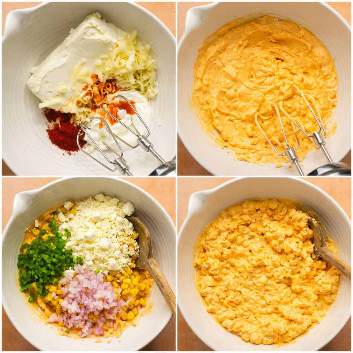 collage of steps 1-4 for mexican street corn dip recipe