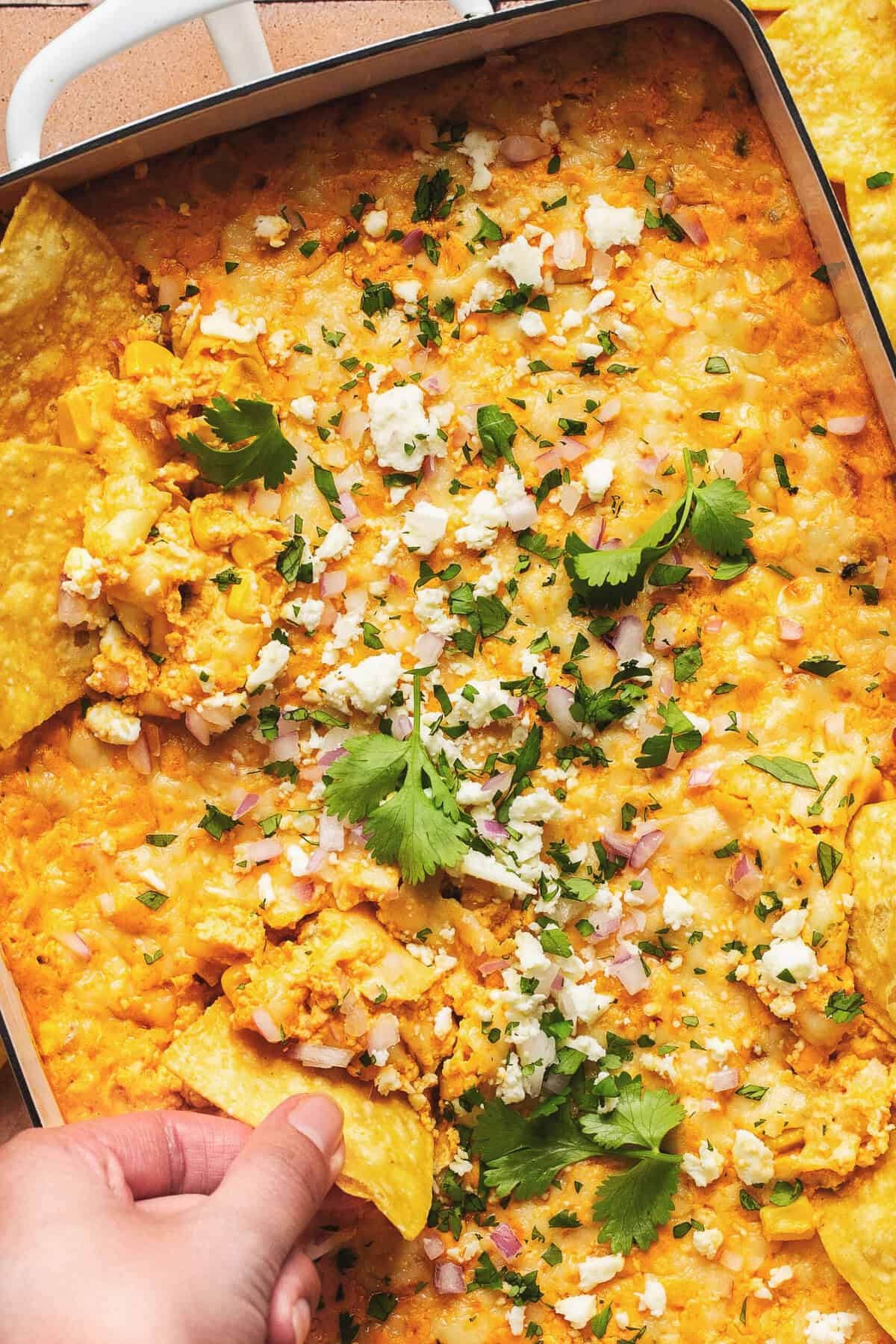 Up close view of mexican street corn dip with hand scoop chip. 