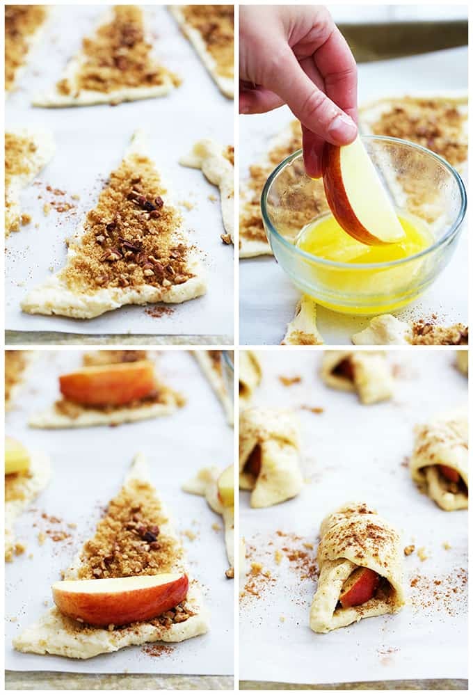 a collage of apple pie roll ups being made.