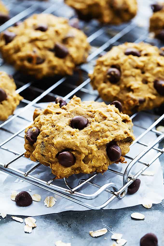 a pumpkin oat chocolate chip cookie with more cookies in the background all on a cooling rack.