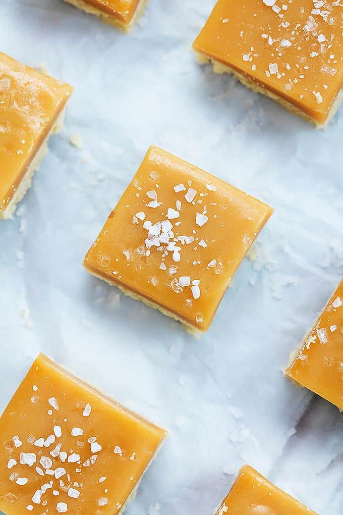 top view of salted caramel shortbread bites.