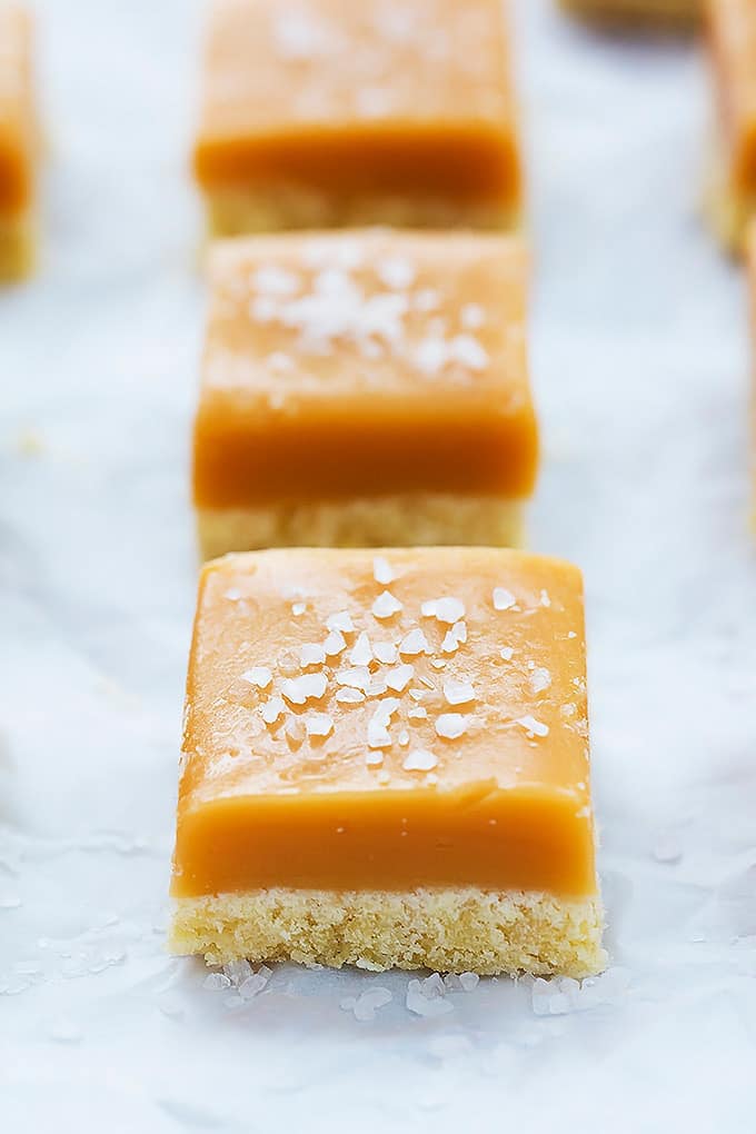 close up of salted caramel shortbread bites.