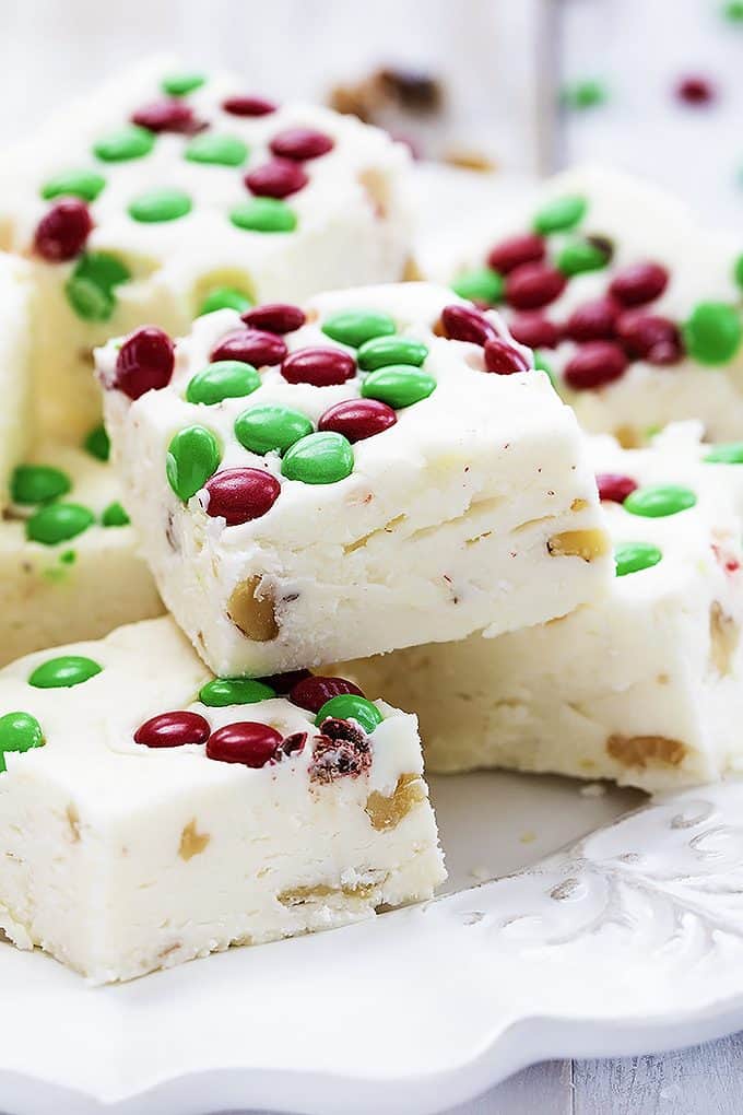 close up of Christmas fudge on a plate.