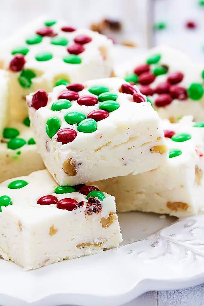 close up of Christmas fudge on a plate.