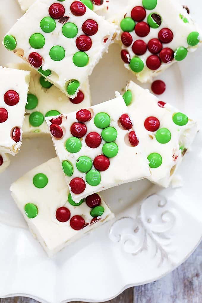 top view of Christmas fudge on a plate.