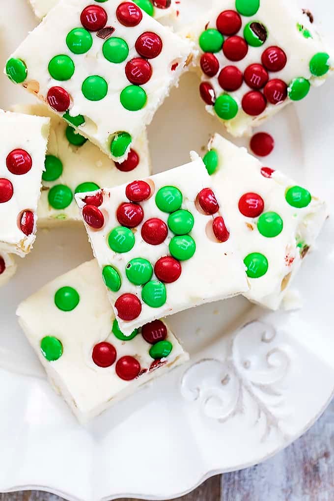 top view of Christmas fudge on a plate.