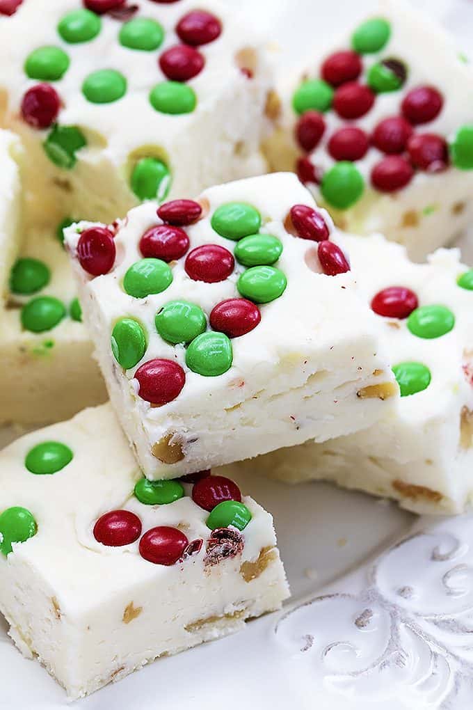 close up of Christmas fudge on a plate.