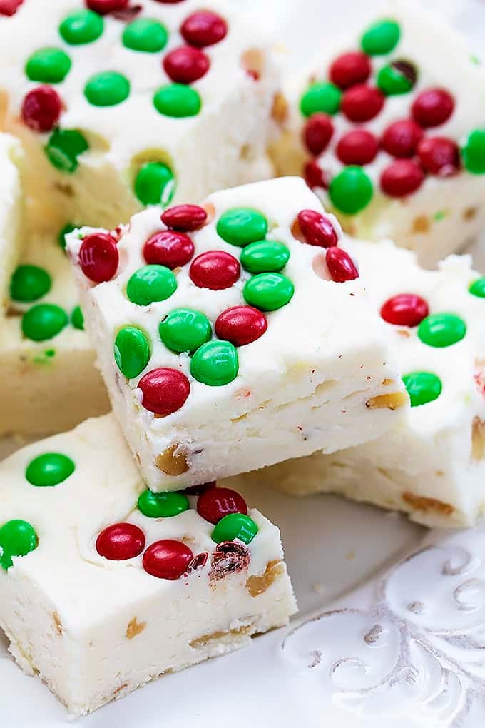 close up of Christmas fudge on a plate.