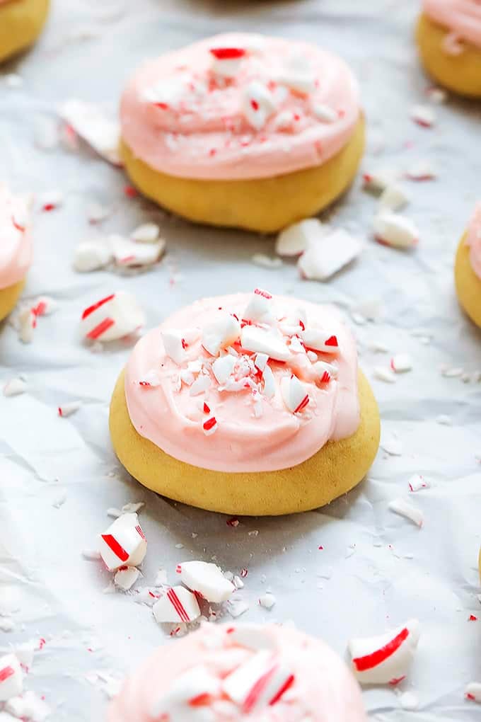 close up of a peppermint meltway cookie with more cookies around it.