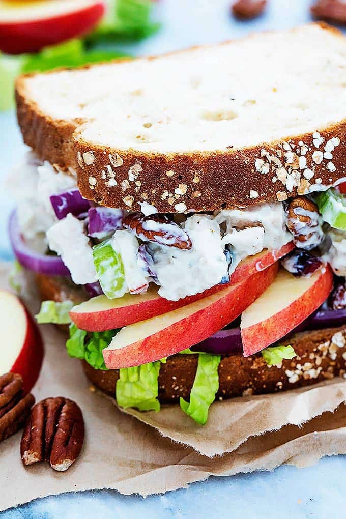 close up of a apple pecan chicken salad sandwich.