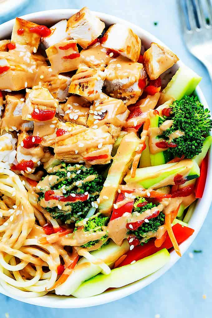 close up top view of a Bali Island chicken rice bowl with a fork on the side.