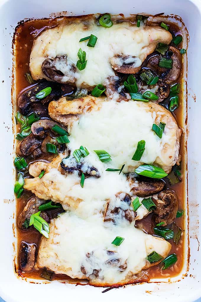 top view of chicken lombardy in a baking tray.