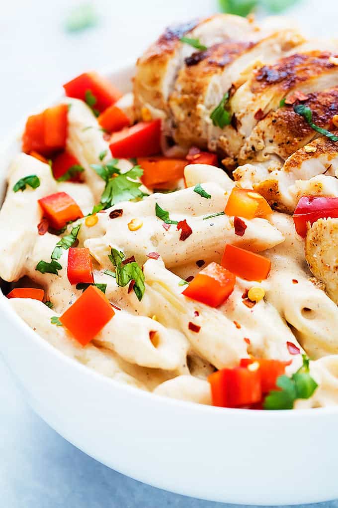 close up of Chili's cajun alfredo pasta in a bowl.