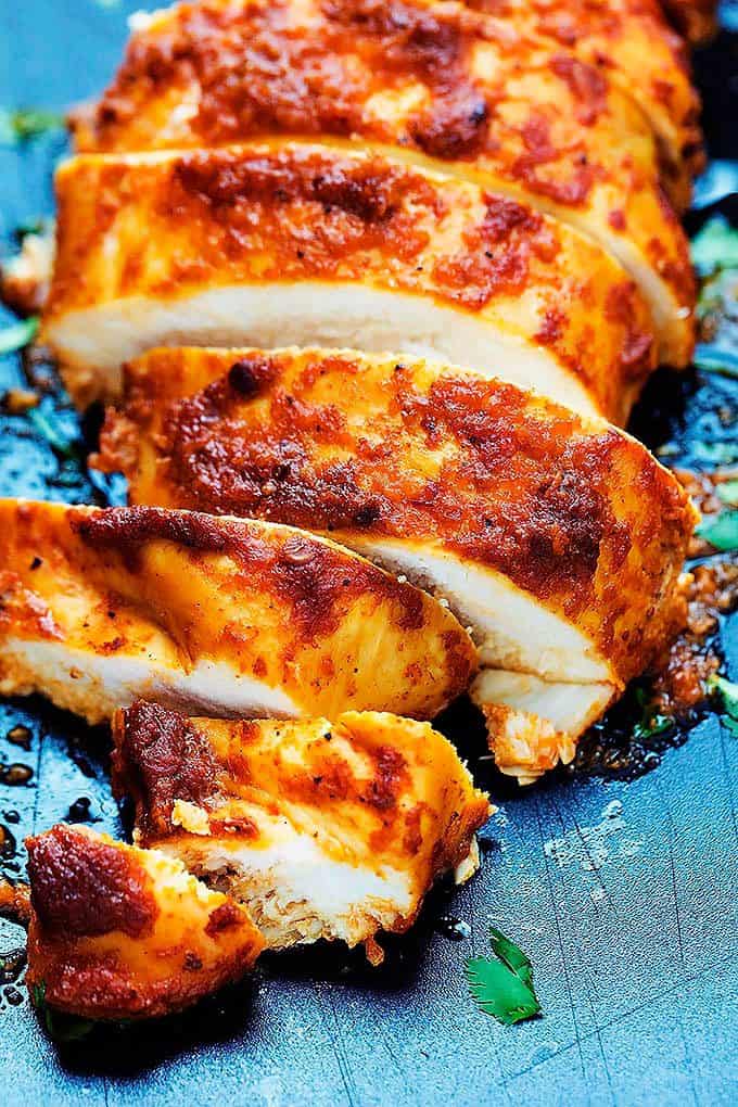 close up of baked chipotle chicken sliced.