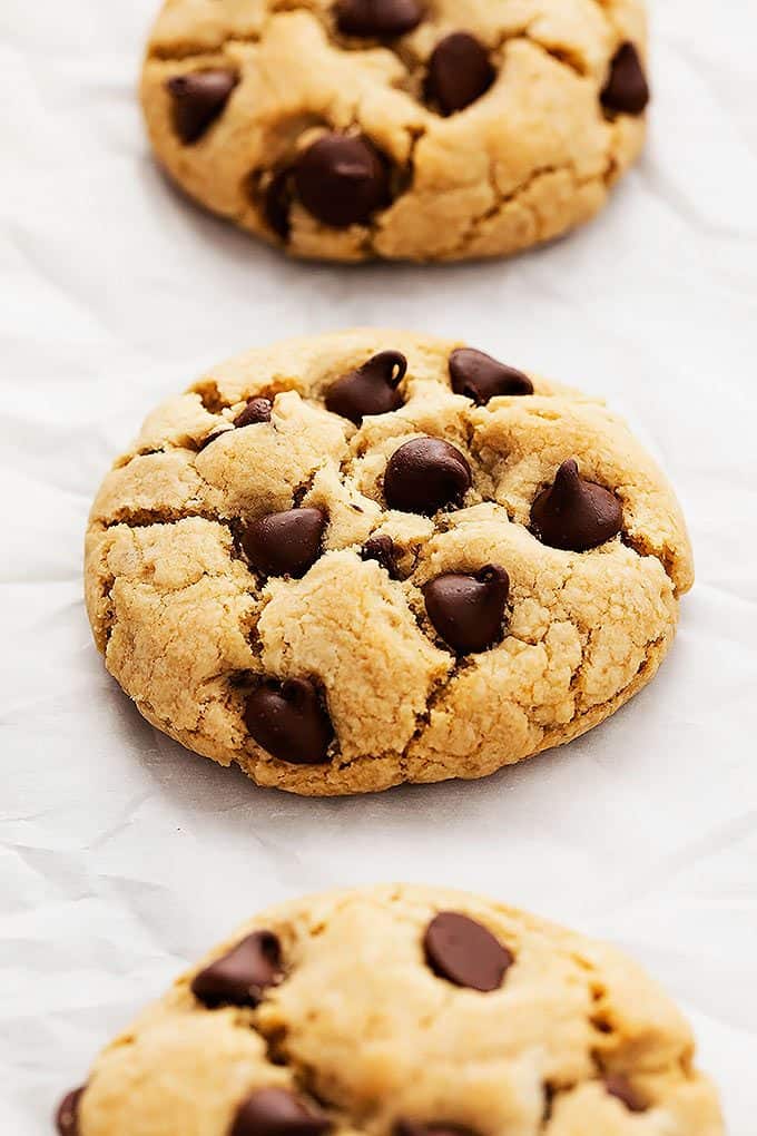 coconut oil cream cheese chocolate chip cookies in a vertical row.