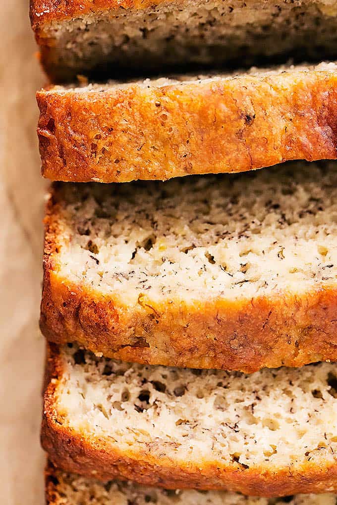 close up of slices of greek yogurt banana bread.