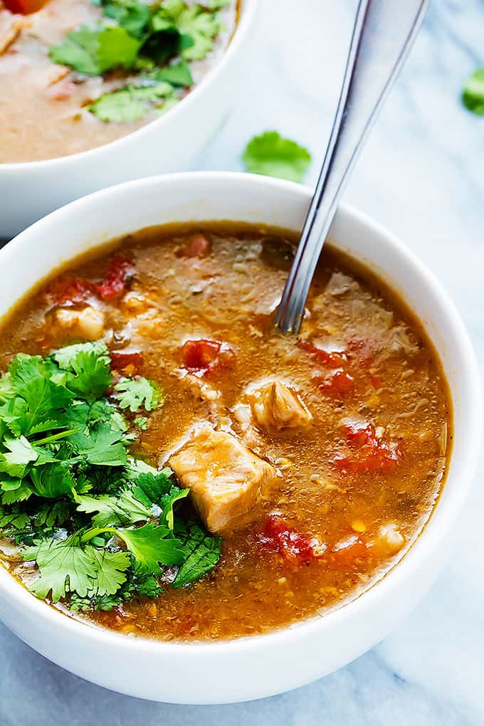 slow cooker Chile verde with a spoon in a bowl with another bowl of Chile verde in the background.