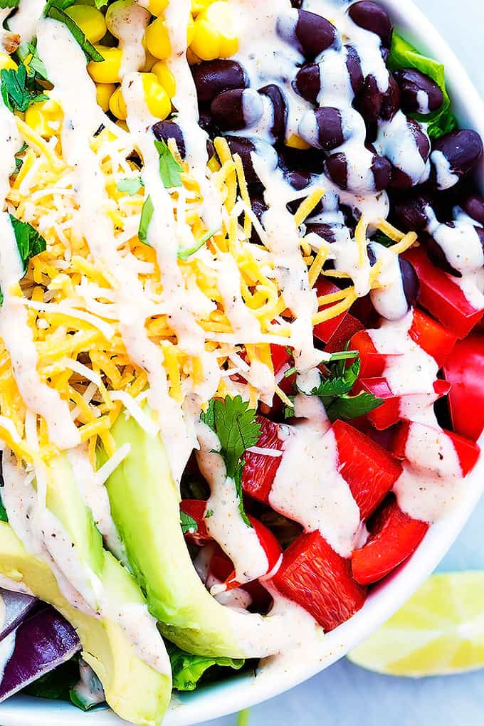 close up of Southwest chicken salad in a bowl.