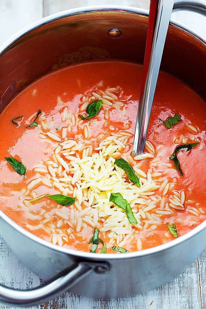 tomato basil orzo soup with a serving spoon in a cooking pot.