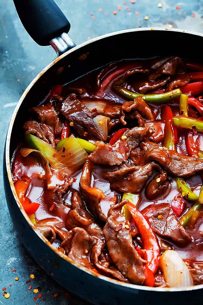 Beijing beef in a frying pan.