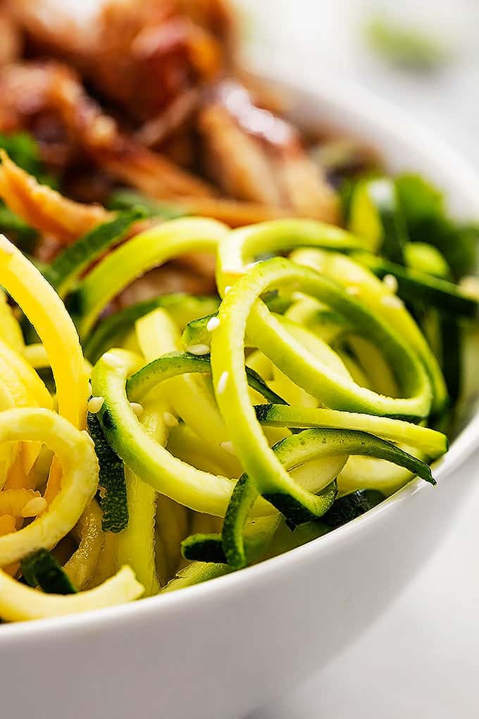 close up of the veggies in a slow cooker luau pork rice bowl.