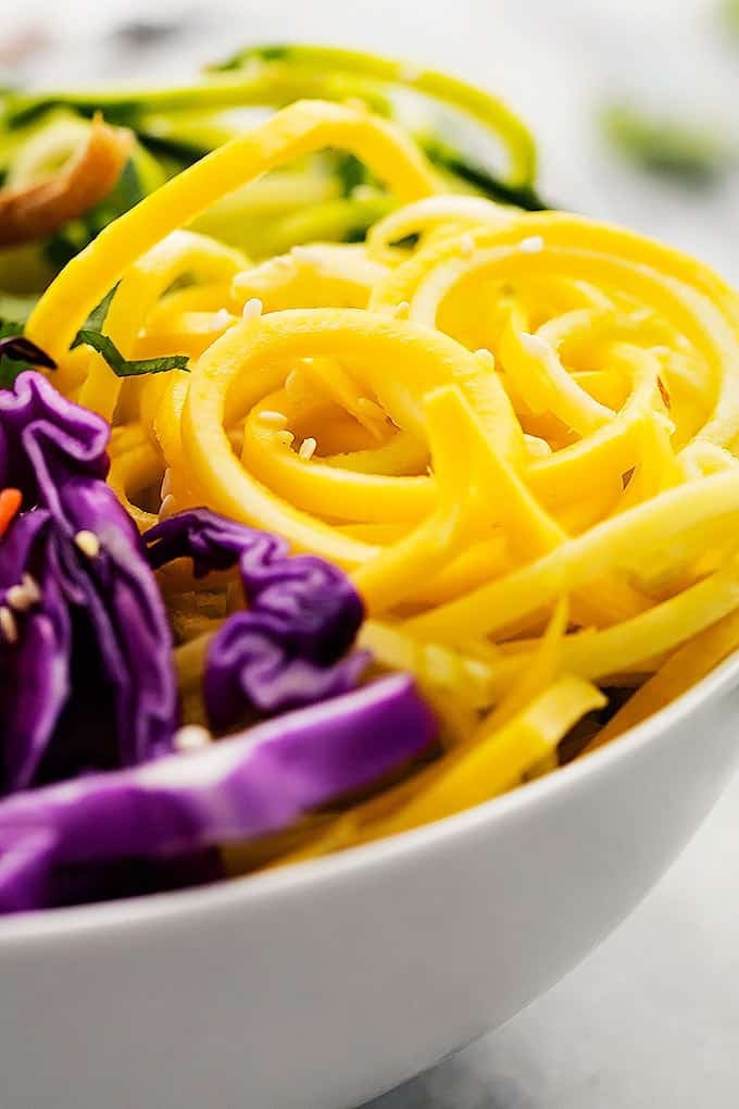 close up of the veggies in a slow cooker luau pork rice bowl.