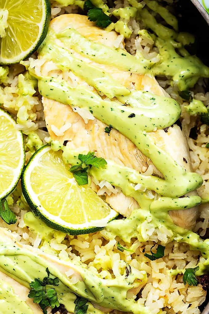 close up of one pot cilantro lime chicken & rice.