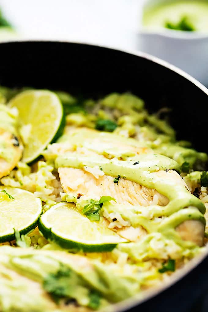 close up of one pot cilantro lime chicken & rice.