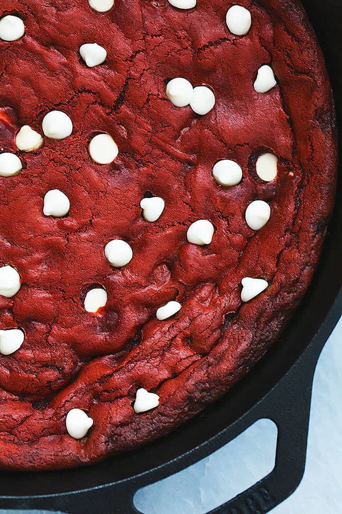 close up top view of a red velvet skillet cookie.