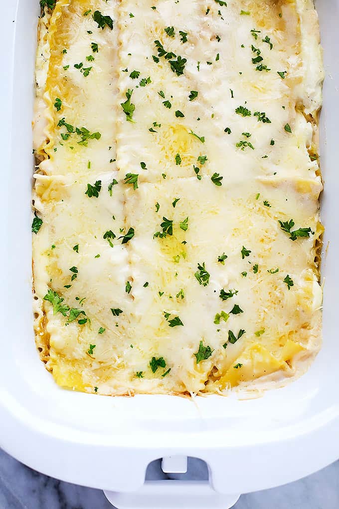 top view of slow cooker three cheese chicken lasagna in a serving tray.