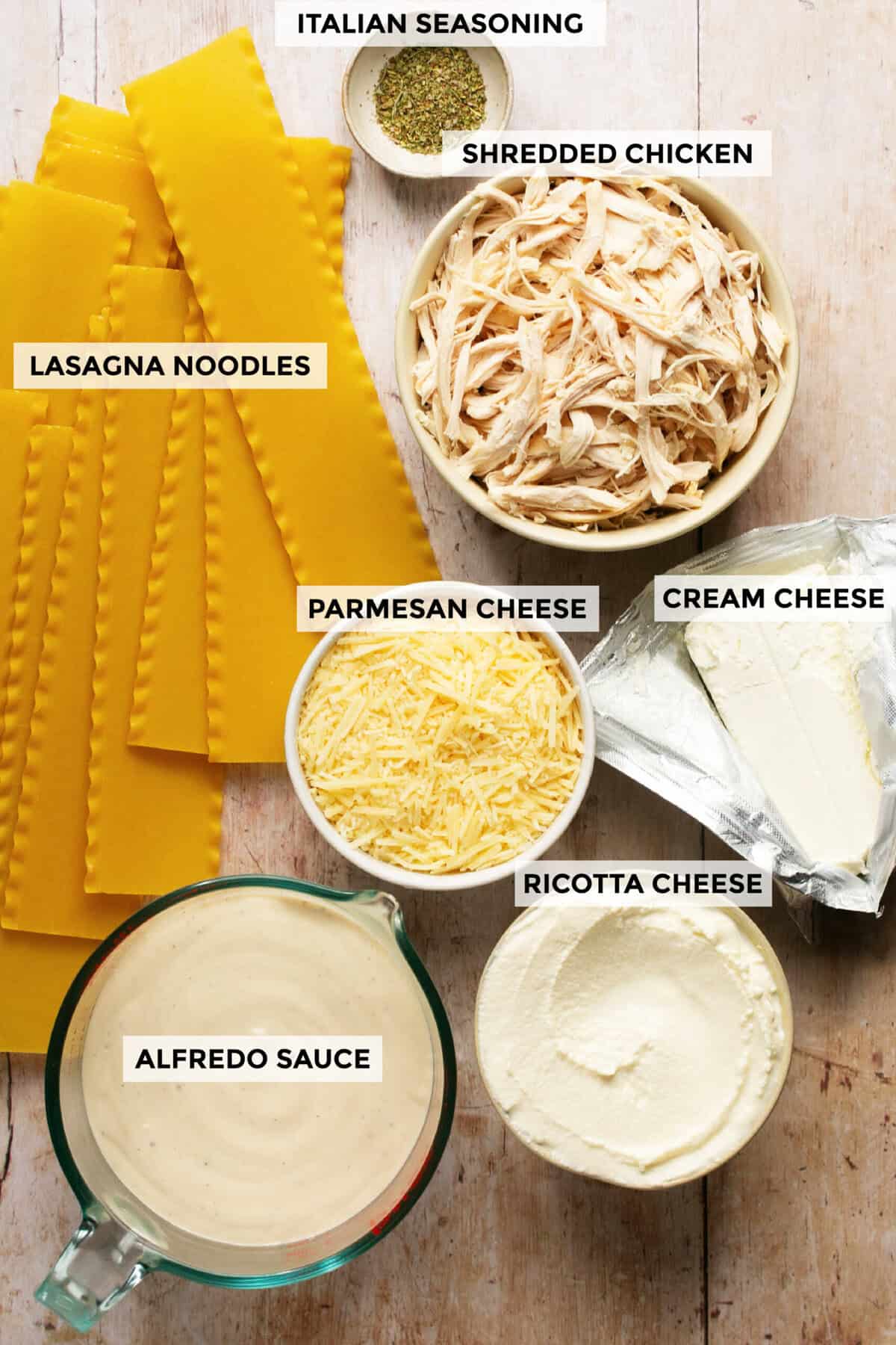 ingredients for white chicken lasagna.