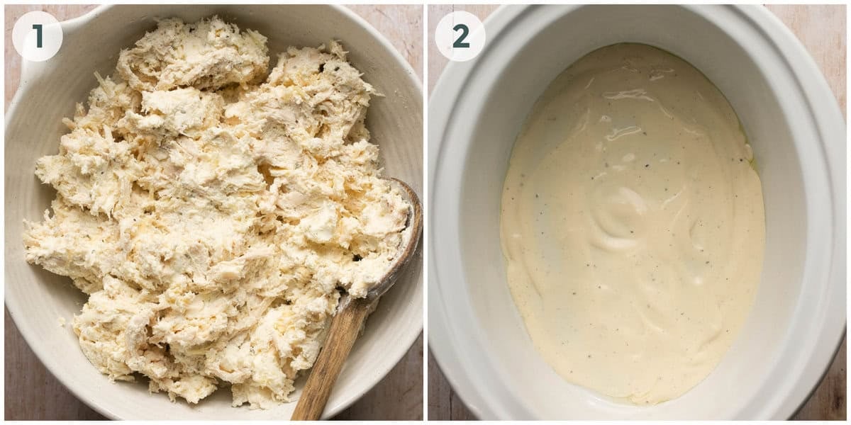 steps 1-2 of white chicken lasagna in slow cooker recipe.