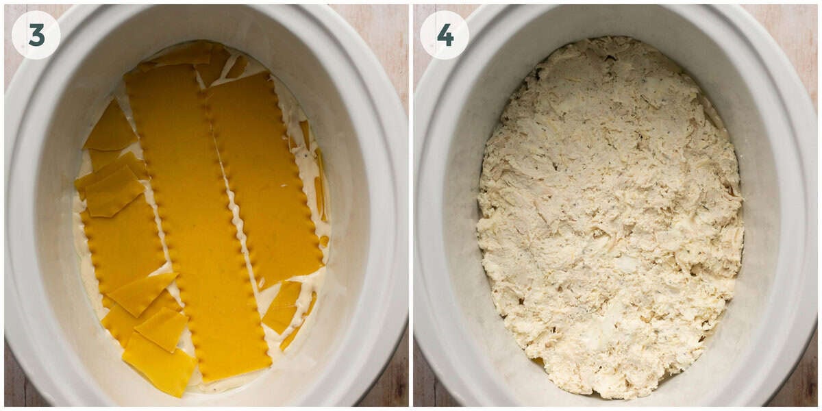 steps 3-4 of white chicken lasagna in slow cooker recipe.