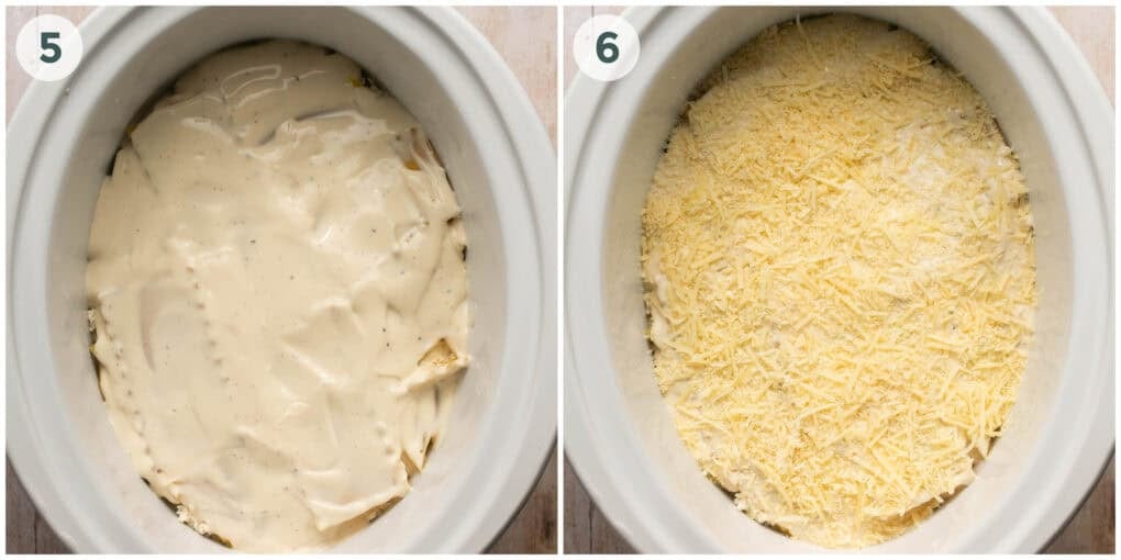 steps 5-6 of white chicken lasagna in slow cooker recipe.