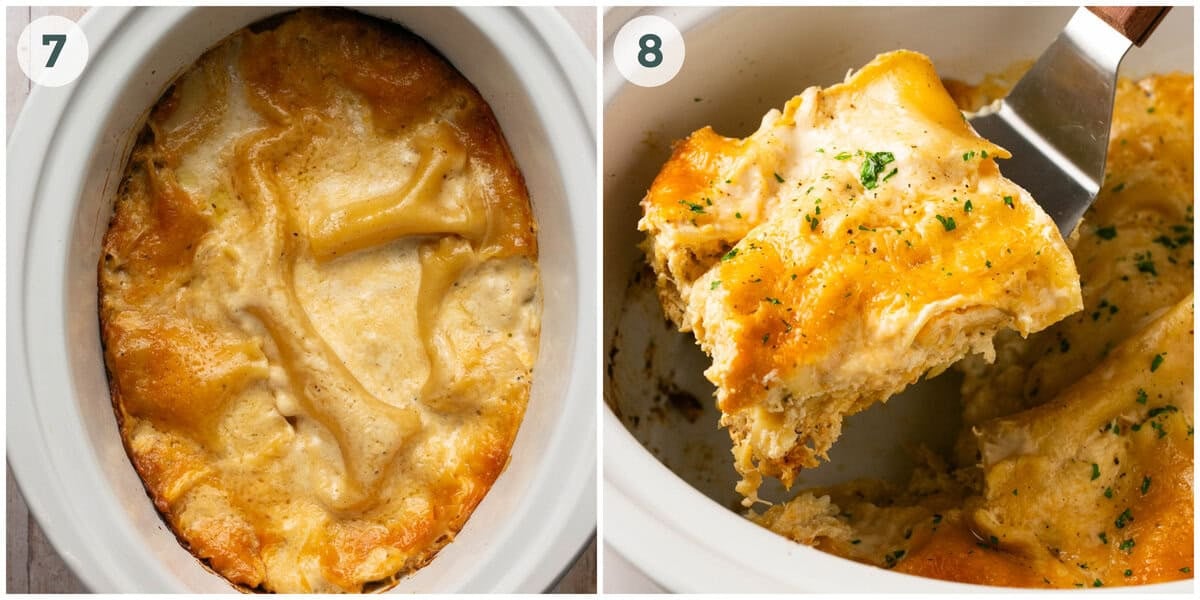 steps 7-8 of white chicken lasagna in slow cooker recipe.