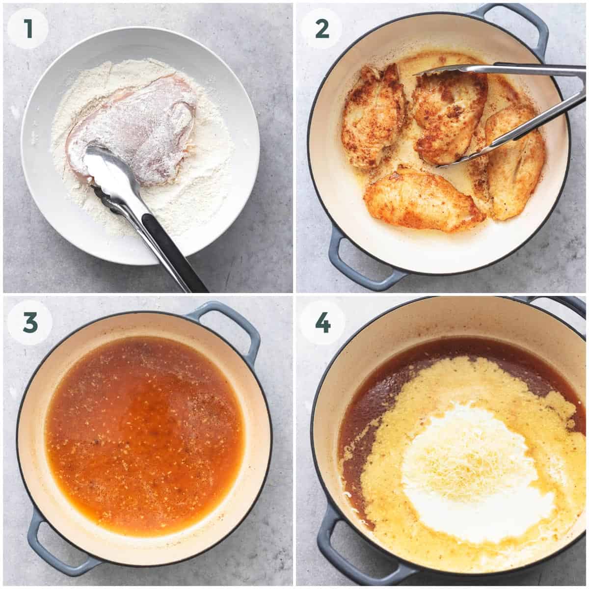 four steps for breading and cooking chicken with sauce in skillet