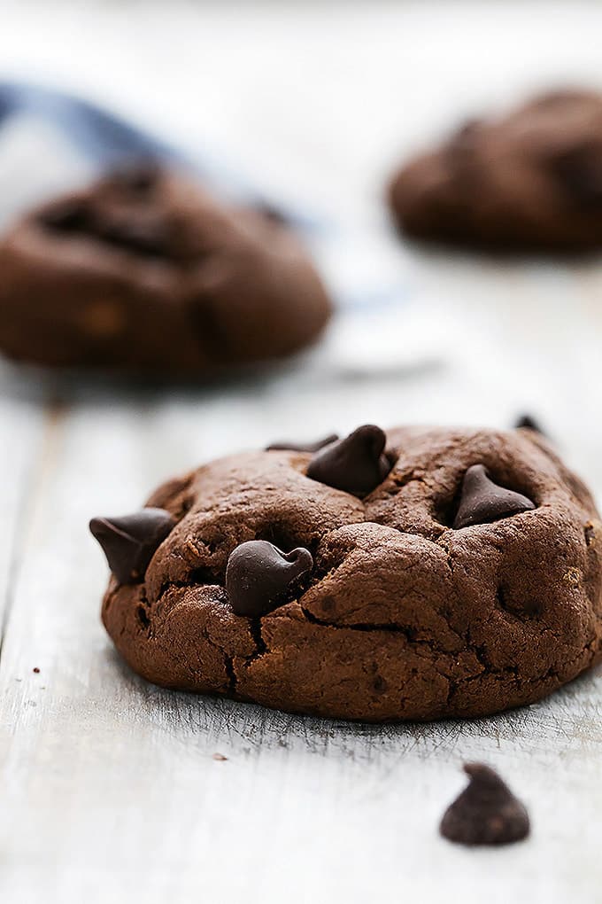 close up of a fudgy double chocolate cookie with more cookies faded in the background.