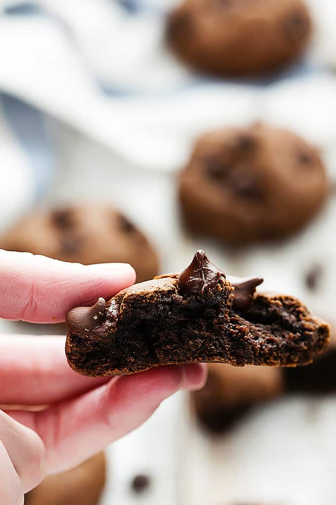 a hand holding a fudgy double chocolate cookie with a bite missing with more cookies in the background.