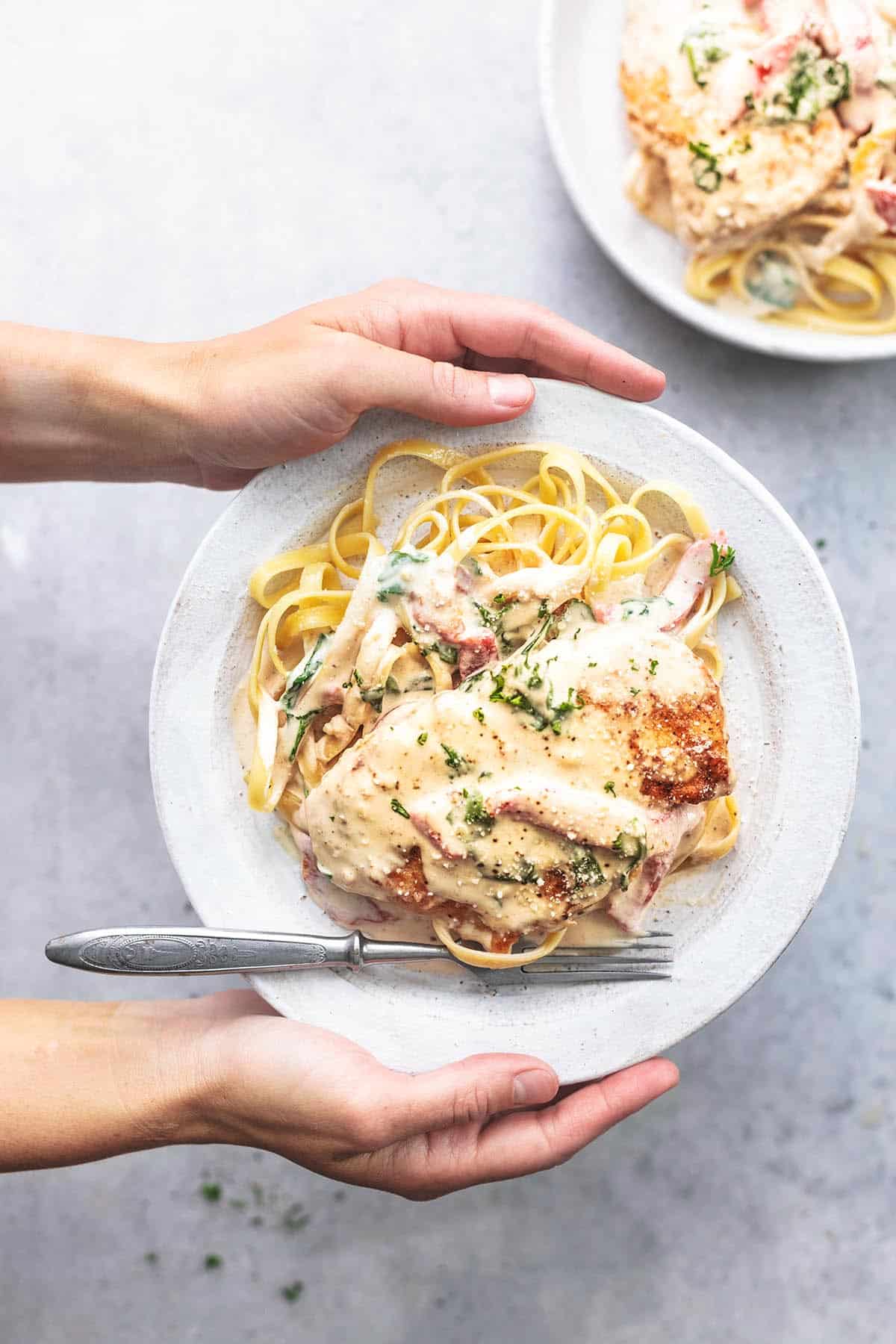 hands holding plate of chicken and noodles with sauce