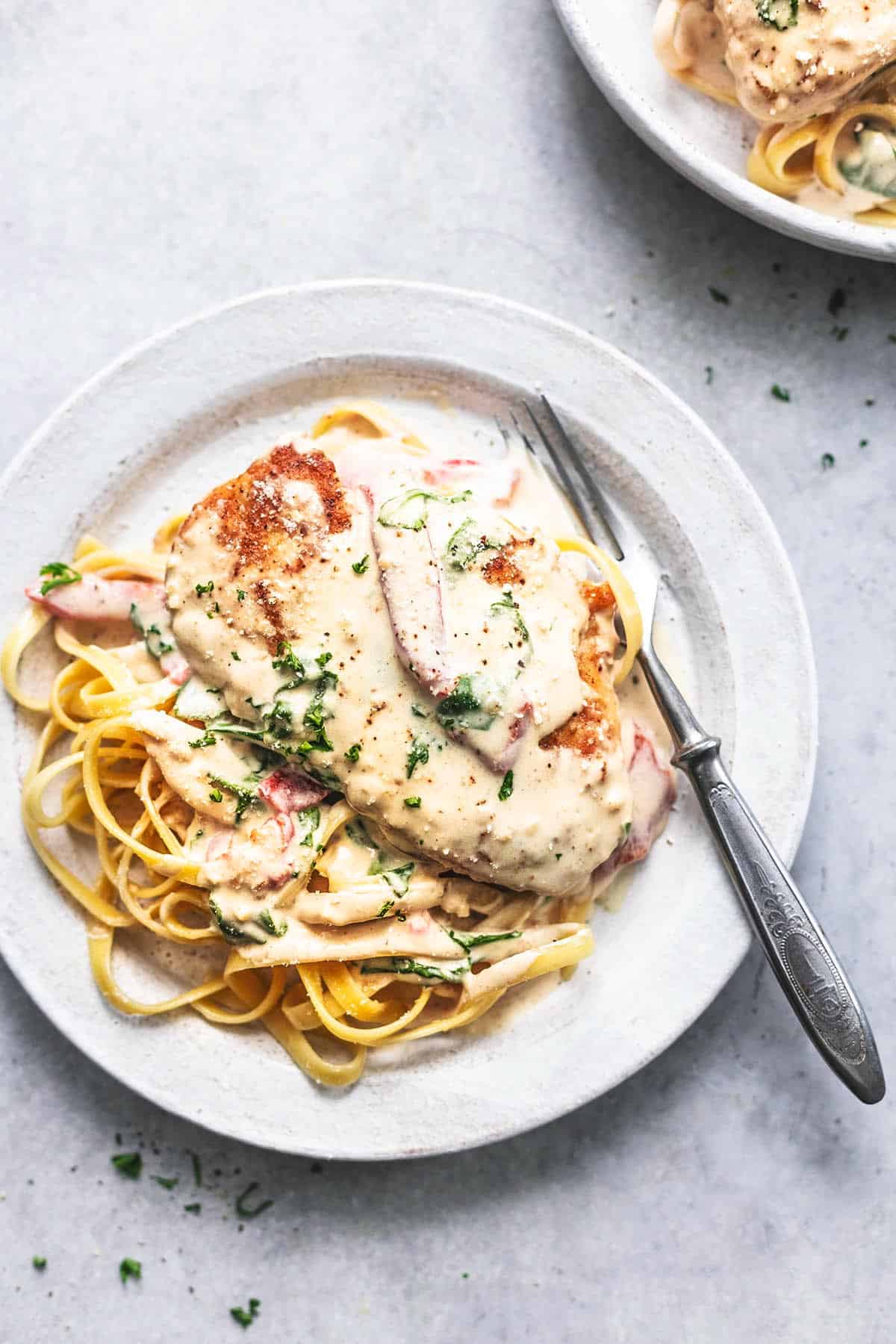 overhead view of plate of chicken with sauce and noodles with fork