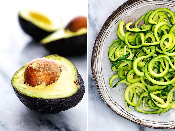 side by side collage of avocado halves and zoodles on a plate.