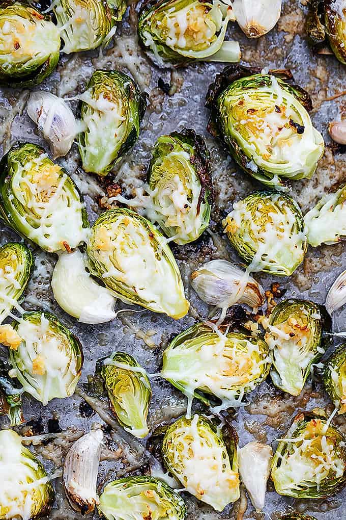 top view of roasted garlic parmesan brussel sprouts.