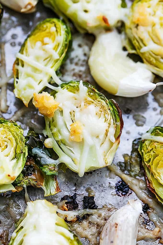 close up top view of roasted garlic parmesan brussel sprouts.