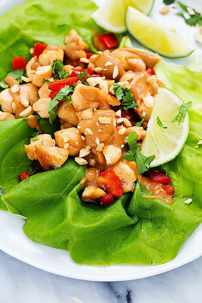 close up of a Thai peanut chicken lettuce wrap.