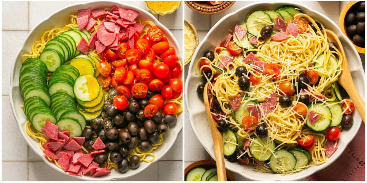 Steps 4-5 for prepping Italian spaghetti pasta salad with creamy dressing.