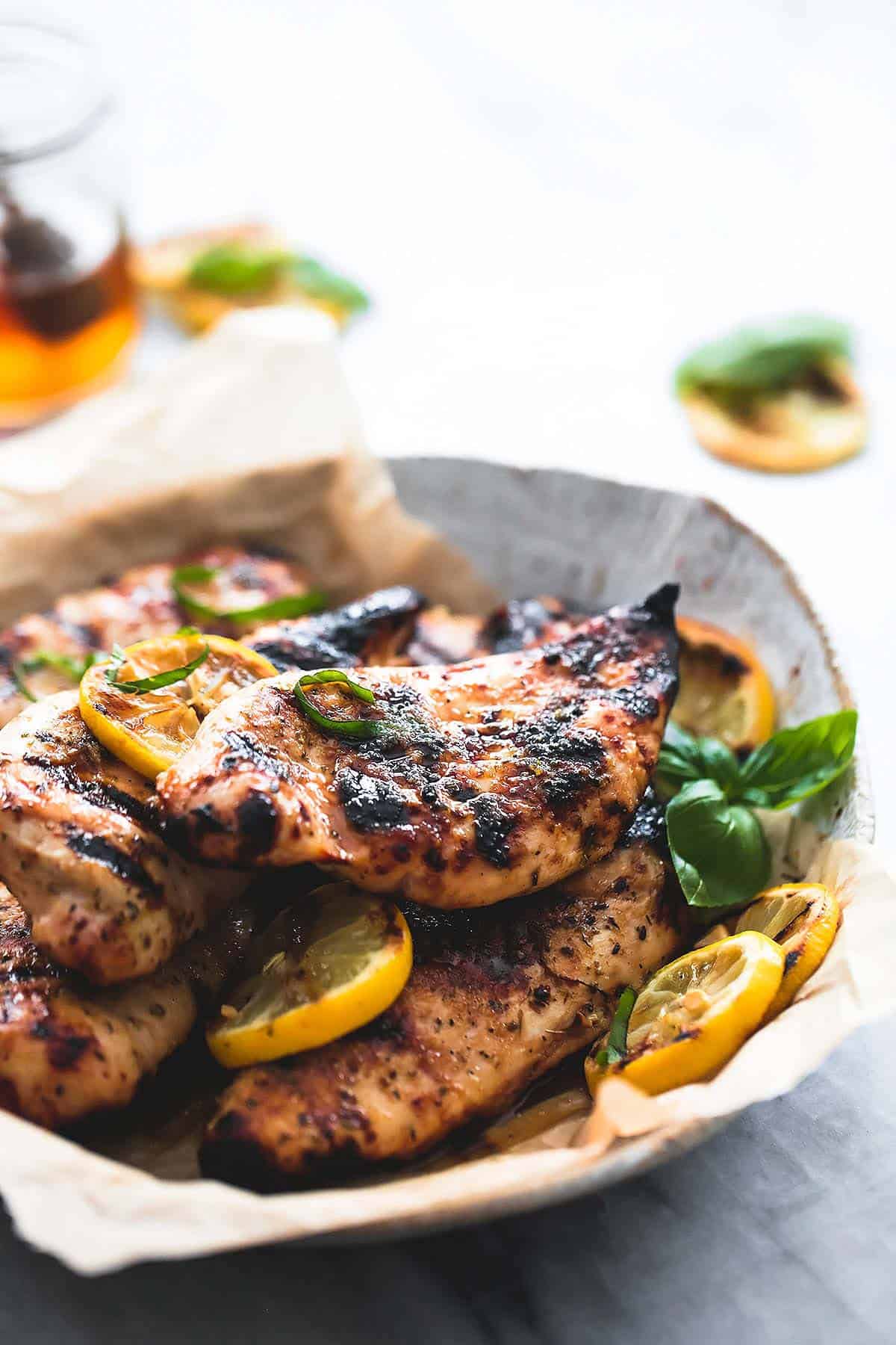 grilled honey lemon chicken on a plate.