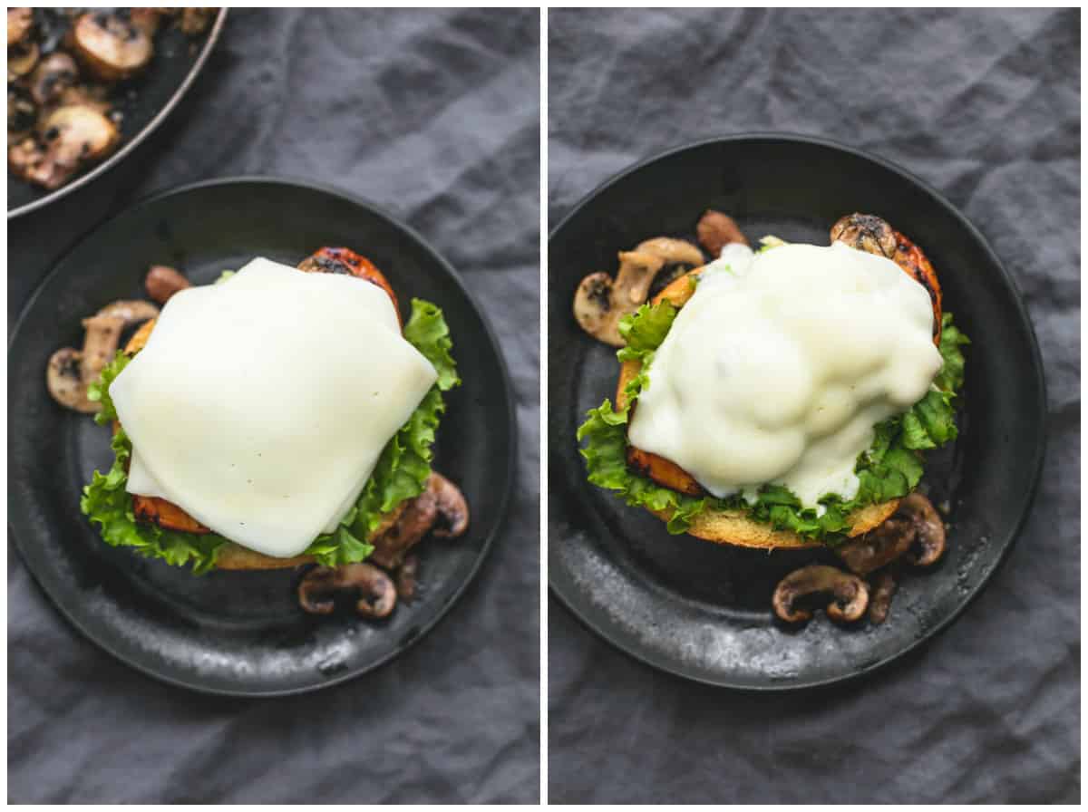 side by side images of a brown sugar bourbon chicken & mushroom melt on a plate without the top.