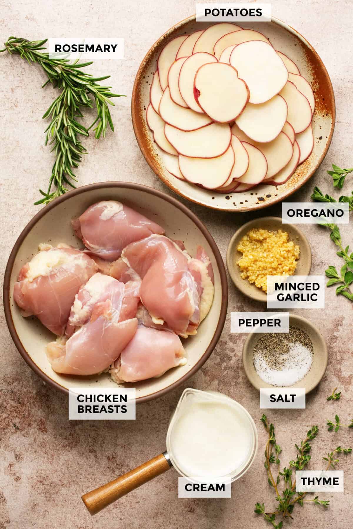 Ingredients for oven baked creamy garlic chicken and potatoes.